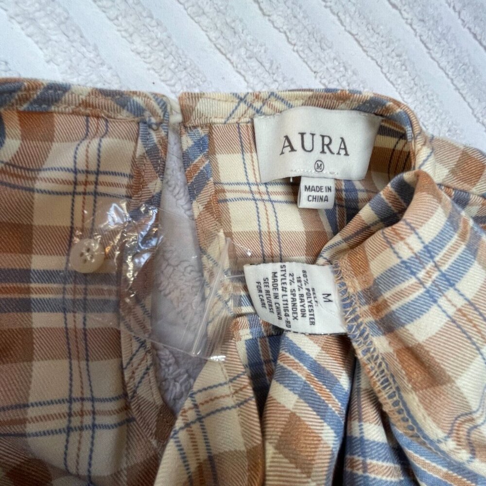Aura Women's Medium Round Neck Brown Plaid Long Sleeve Ruffle Top Blouse NWOT - Picture 3 of 7